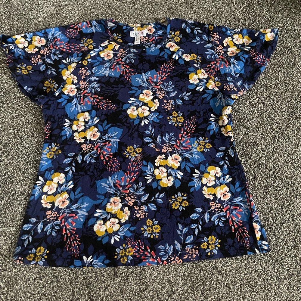 Denim & Co Blue and Yellow Floral Short Sleeve Top M